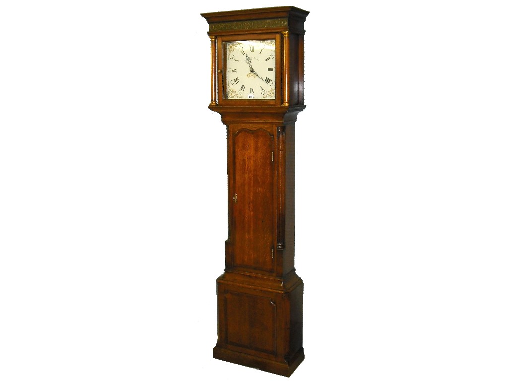 Appraisal: Oak and mahogany thirty hour longcase clock the gilded square