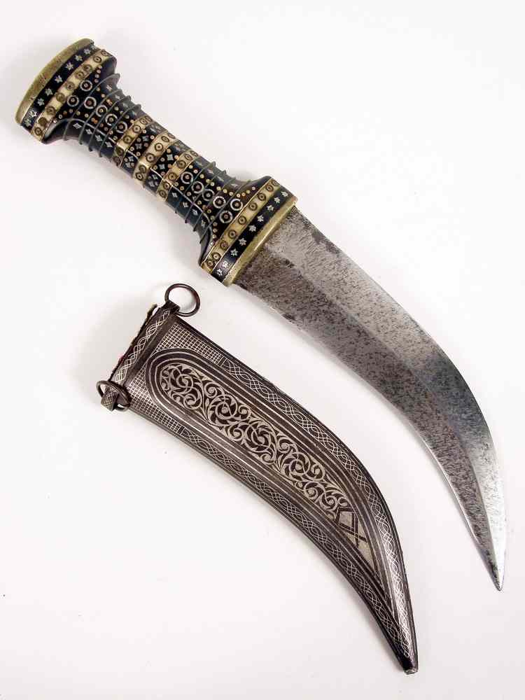 Appraisal: TURKISH DAGGER - Turkish Kanja with Damascus Steel blade silver