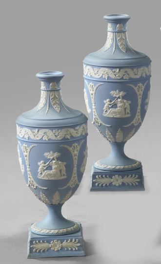 Appraisal: Attractive Pair of Wedgwood Blue Jasper Covered Garniture Vases -