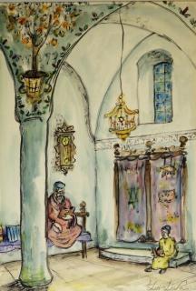 Appraisal: Zvi Livni Judaic Temple Interior WC Painting POLAND b A