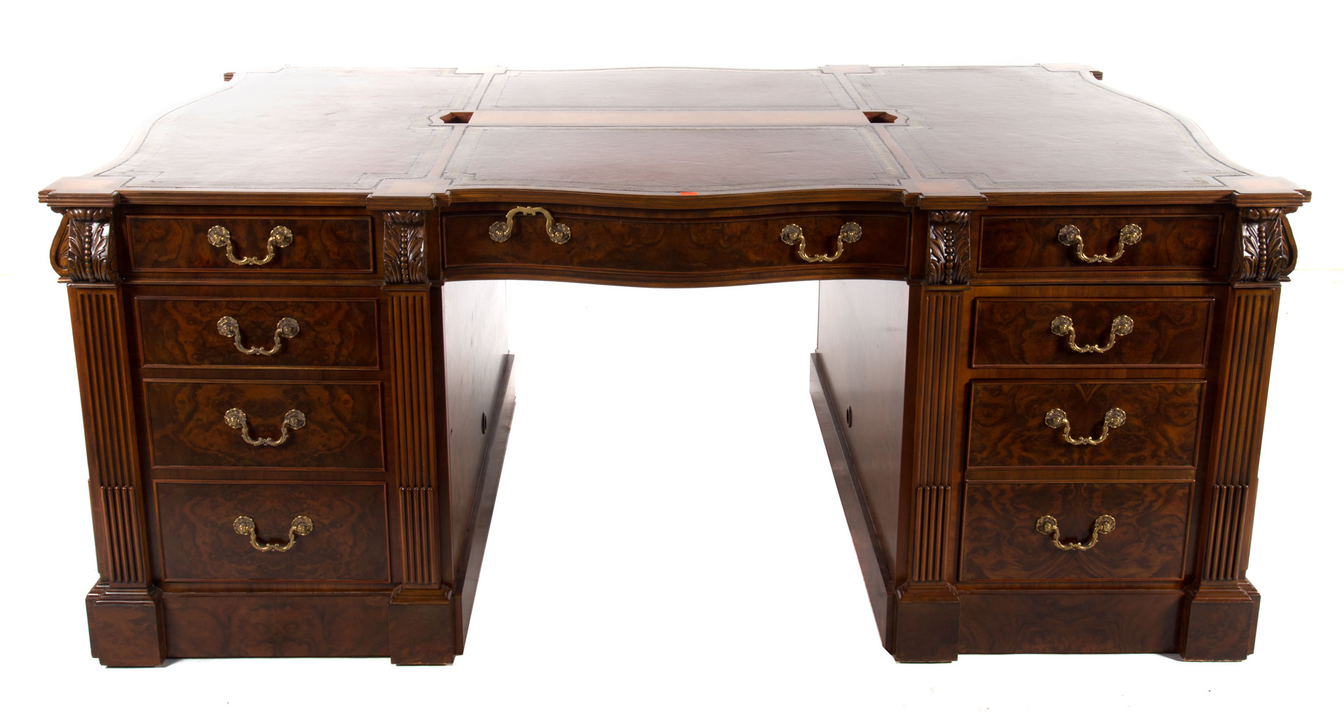 Appraisal: Chippendale style walnut partner's desk Maitland-Smith serpentine sides tooled leather