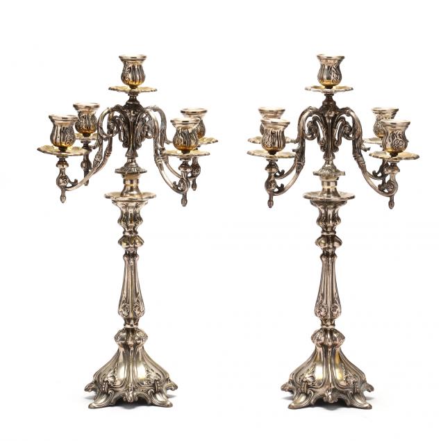 Appraisal: A Pair of Ornate Continental Five Light Silverplate Candelabra First