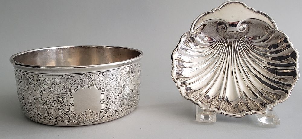 Appraisal: Sterling Silver Engraved Bowl and Shell Dish Sterling Silver Engraved