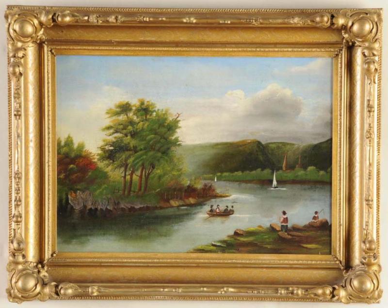 Appraisal: Primitive Oil on Canvas Lake Landscape Description Late th Century