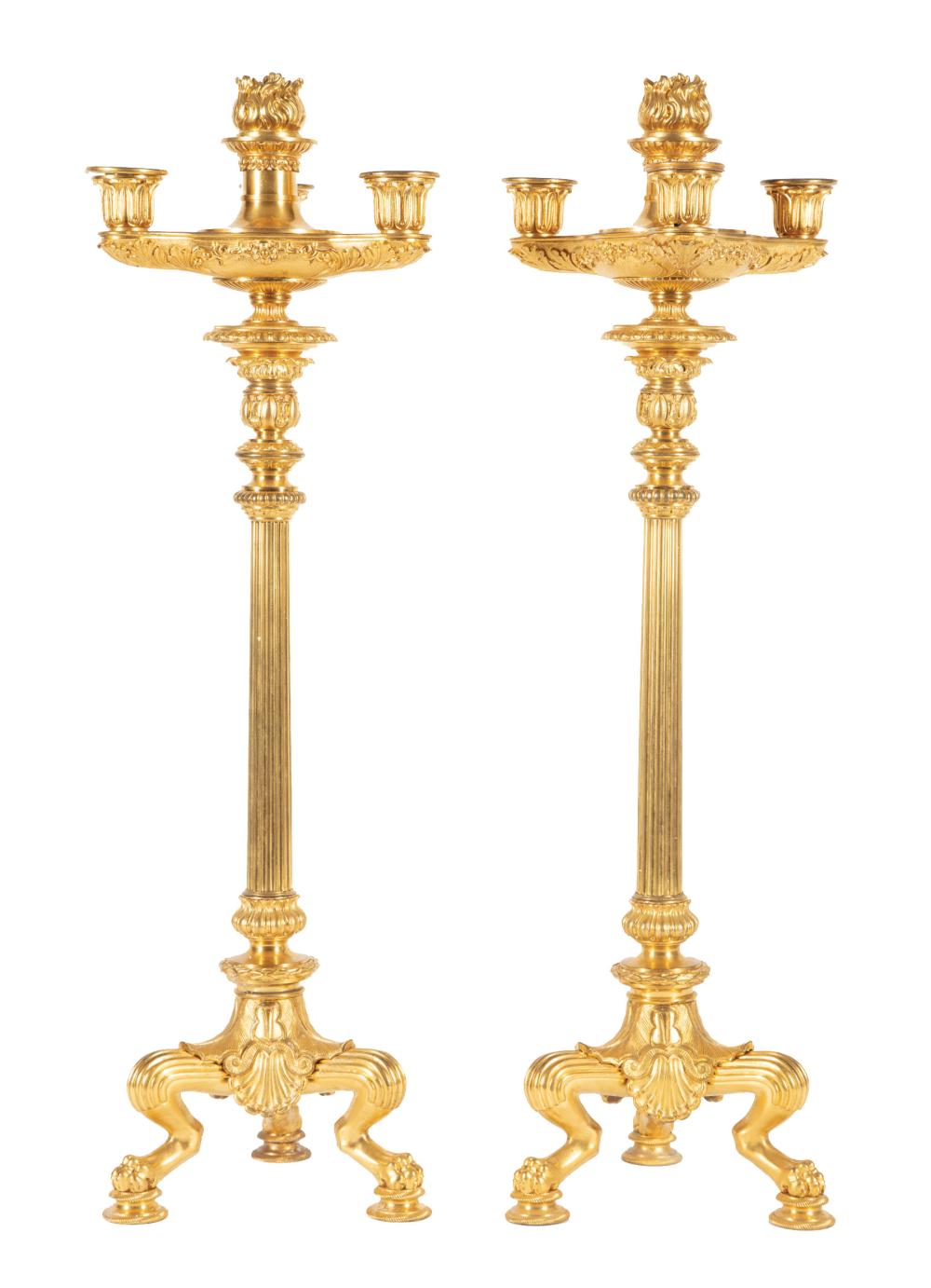 Appraisal: Pair of Charles X Gilt Bronze Three-Light Candelabra th c