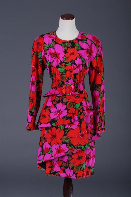 Appraisal: SCAASI FLORAL SILK COCKTAIL DRESS Size Dropped waist with three-tiered