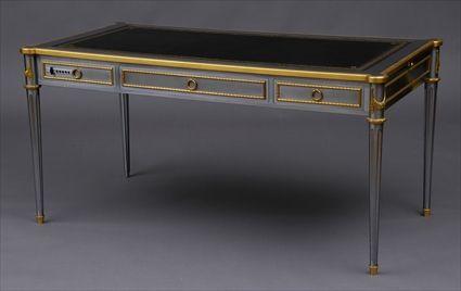 Appraisal: LOUIS XVI-STYLE BRASS-EDGED STEEL BUREAU PLAT The top with gold-tooled