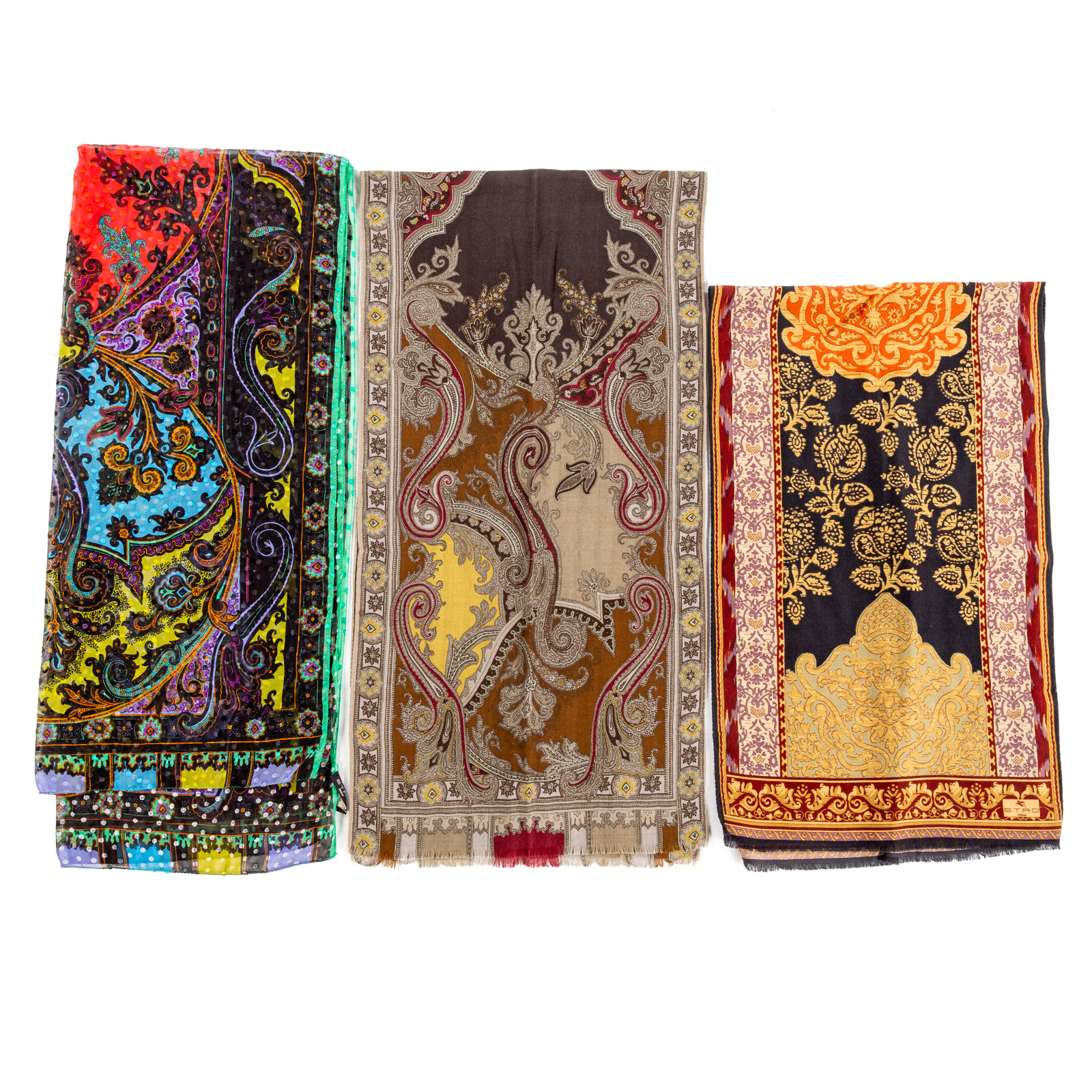 Appraisal: THREE ETRO SILK WOOL CASHMERE SCARVES A green and multicolor