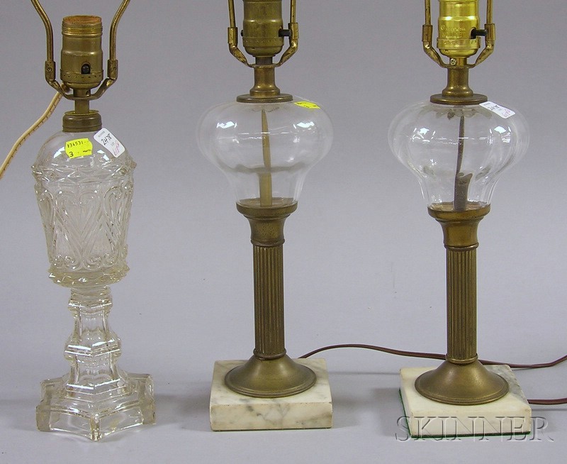 Appraisal: Sandwich Colorless Pressed Glass Fluid Lamp and a Pair of