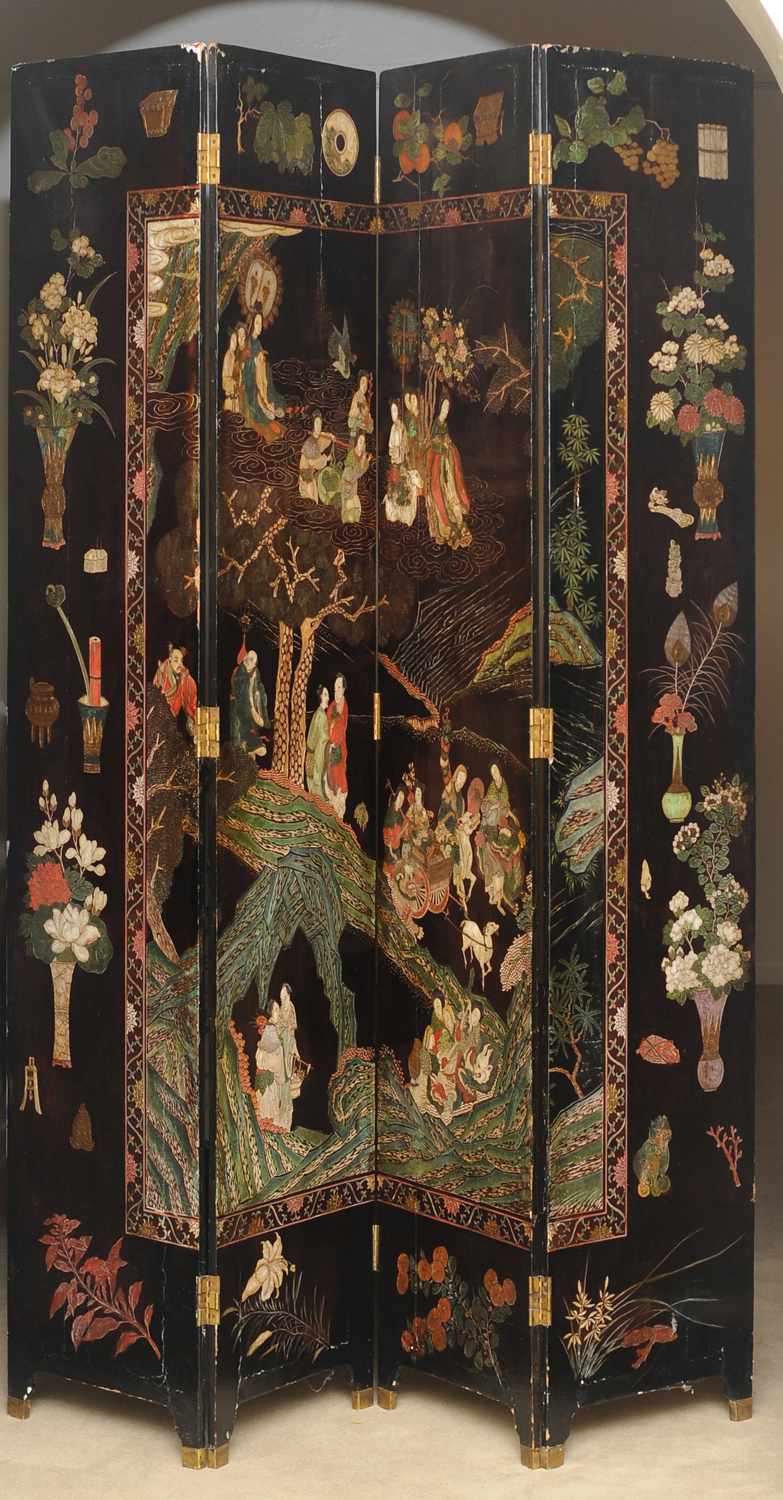 Appraisal: CHINESE BLACK COROMANDEL LACQUER FOUR-PANEL FOLDING SCREEN Depicting figures in