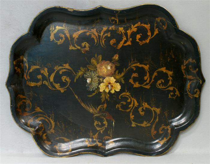 Appraisal: Paper mache tray with gilt floral decoration MOP inlay x