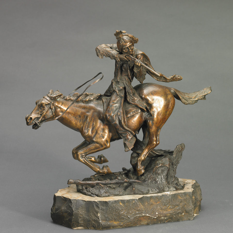 Appraisal: NATIVE AMERICAN RIFLEMAN ON GALLOPING HORSE After Carl Kauba Austrian