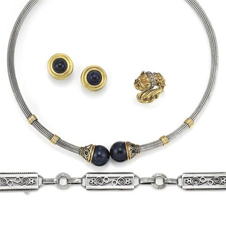 Appraisal: Sterling Silver Gold and Sodalite Necklace and Earclips Lalaounis Gold