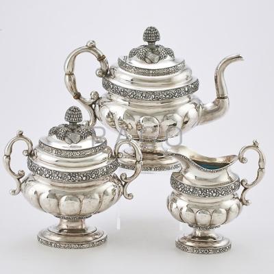 Appraisal: JOHN CRAWFORD AMERICAN COIN SILVER TEA SERVICE Three melon-form vessels