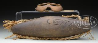 Appraisal: TLINGIT RATTLE AND PAIR OF ESKIMO SNOW GOGGLES First quarter