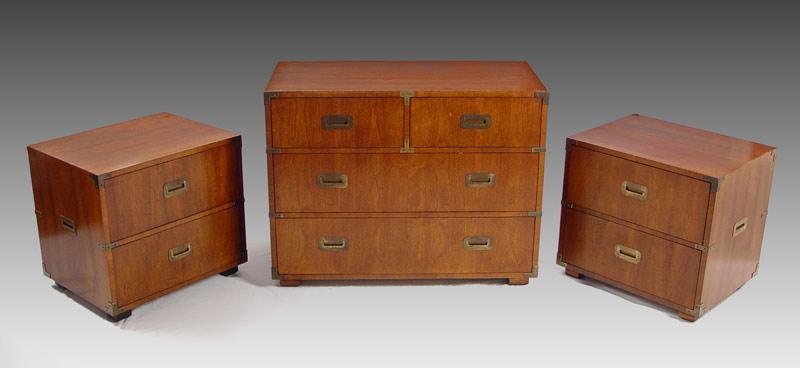 Appraisal: HENREDON CAMPAIGN STYLE CHEST AND PAIR OF DRAWER STANDS Walnut