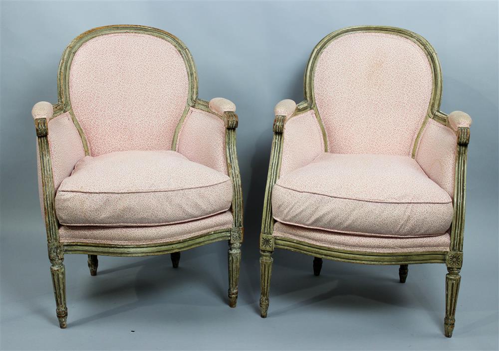 Appraisal: PAIR OF LOUIS XVI STYLE UPHOLSTERED BERGERES having a carved