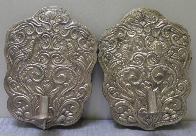 Appraisal: Pair of Silvered Copper Repousse Wall Sconces Beautiful bird and