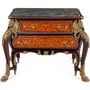 Appraisal: A Louis XIV Style Gilt Metal Mounted Marquetry Marble-Top Commode