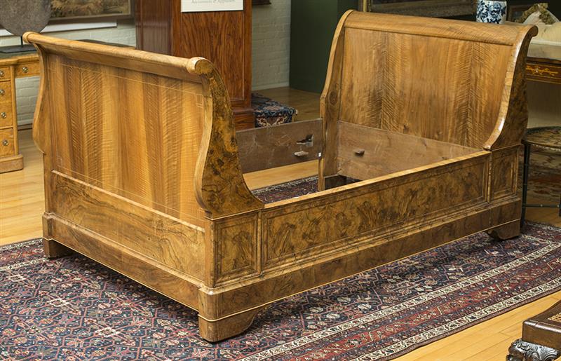 Appraisal: CHARLES X INLAID BLACK WALNUT SLEIGH BED With outscrolled headboard