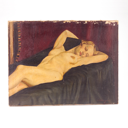 Appraisal: E Harringan reclining nude oil on canvas signed lower right