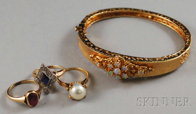 Appraisal: Four Gold Jewelry Items a kt gold and opal bangle