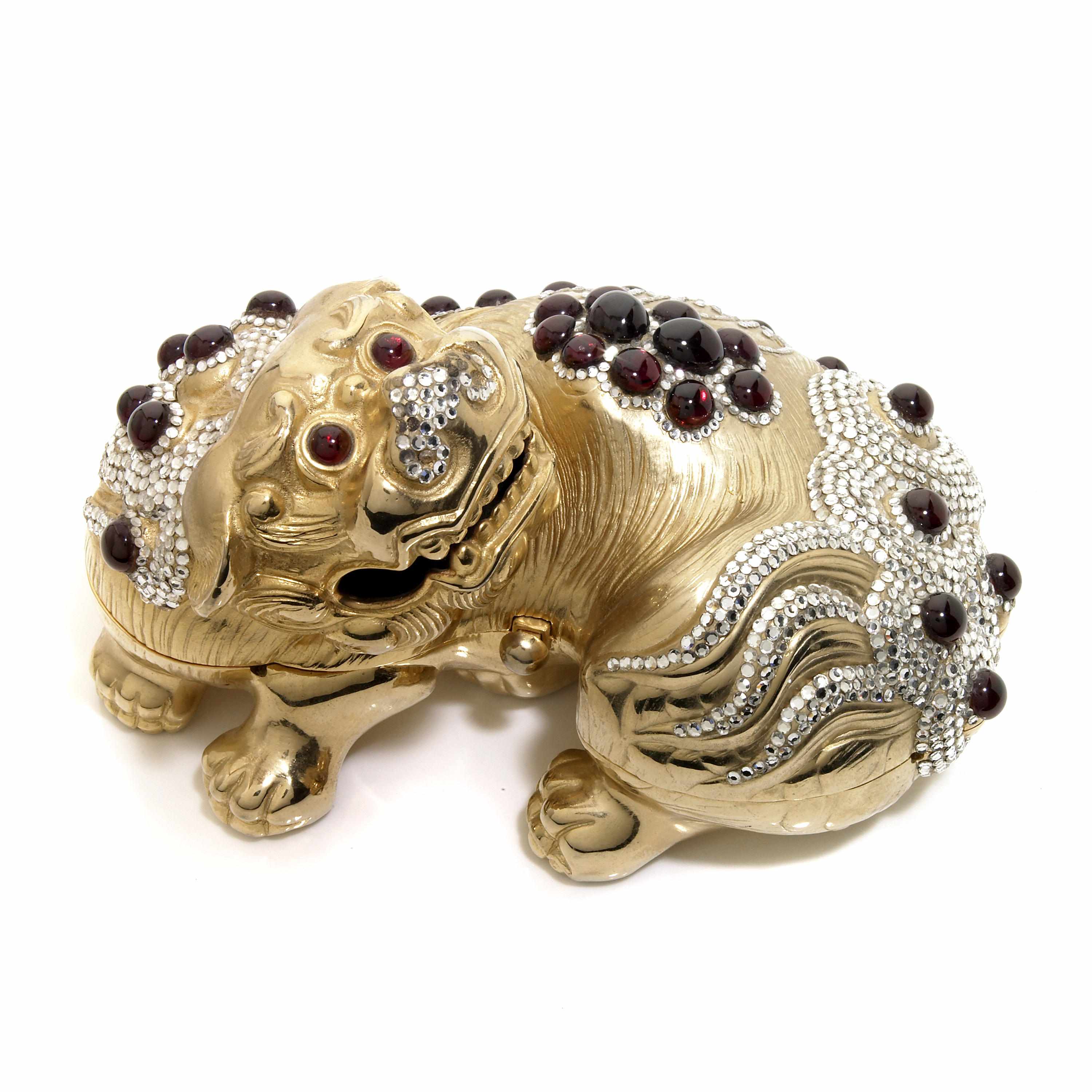 Appraisal: A gold colored metal crystal and semi-precious stone Foo Dog