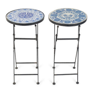 Appraisal: A Pair of Small Metal Folding Tables with Inset Blue