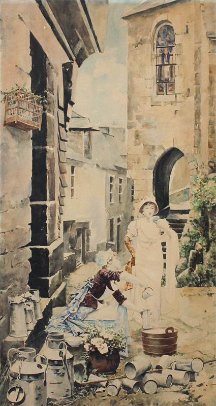 Appraisal: TOUDOUZE Edouard French - Milk Maid and Young Inspector Watercolor