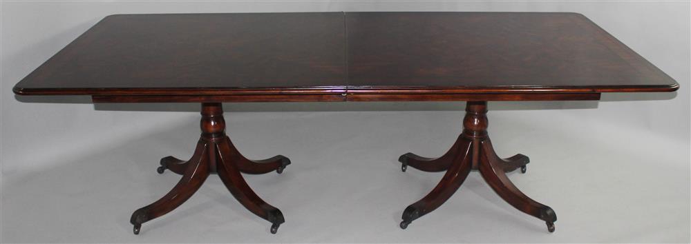 Appraisal: THEODORE ALEXANDER DOUBLE PEDESTAL MAHOGANY DINING TABLE WITH ONE LEAF