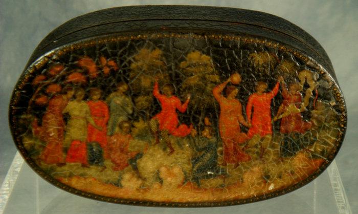 Appraisal: Oval Russian lacquer box depicting celebration craquleure x Estimate -