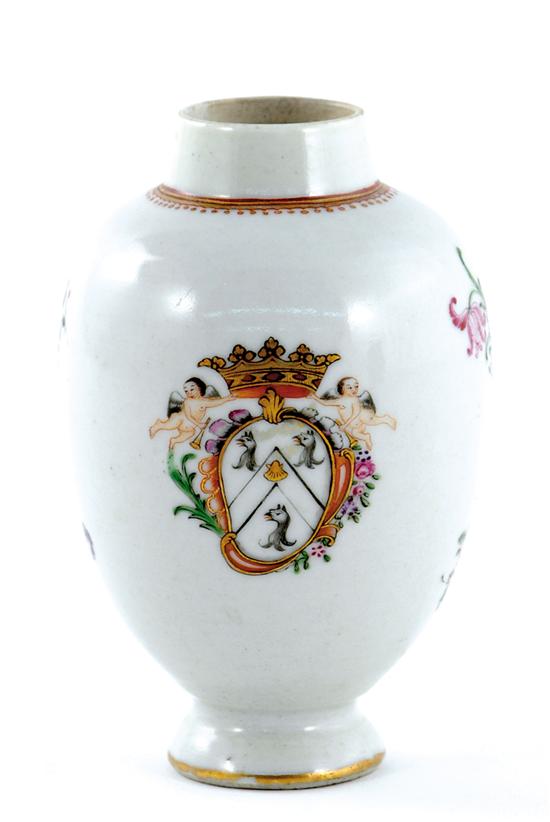 Appraisal: Chinese Export armorial tea caddy circa footed ovoid form emblazoned