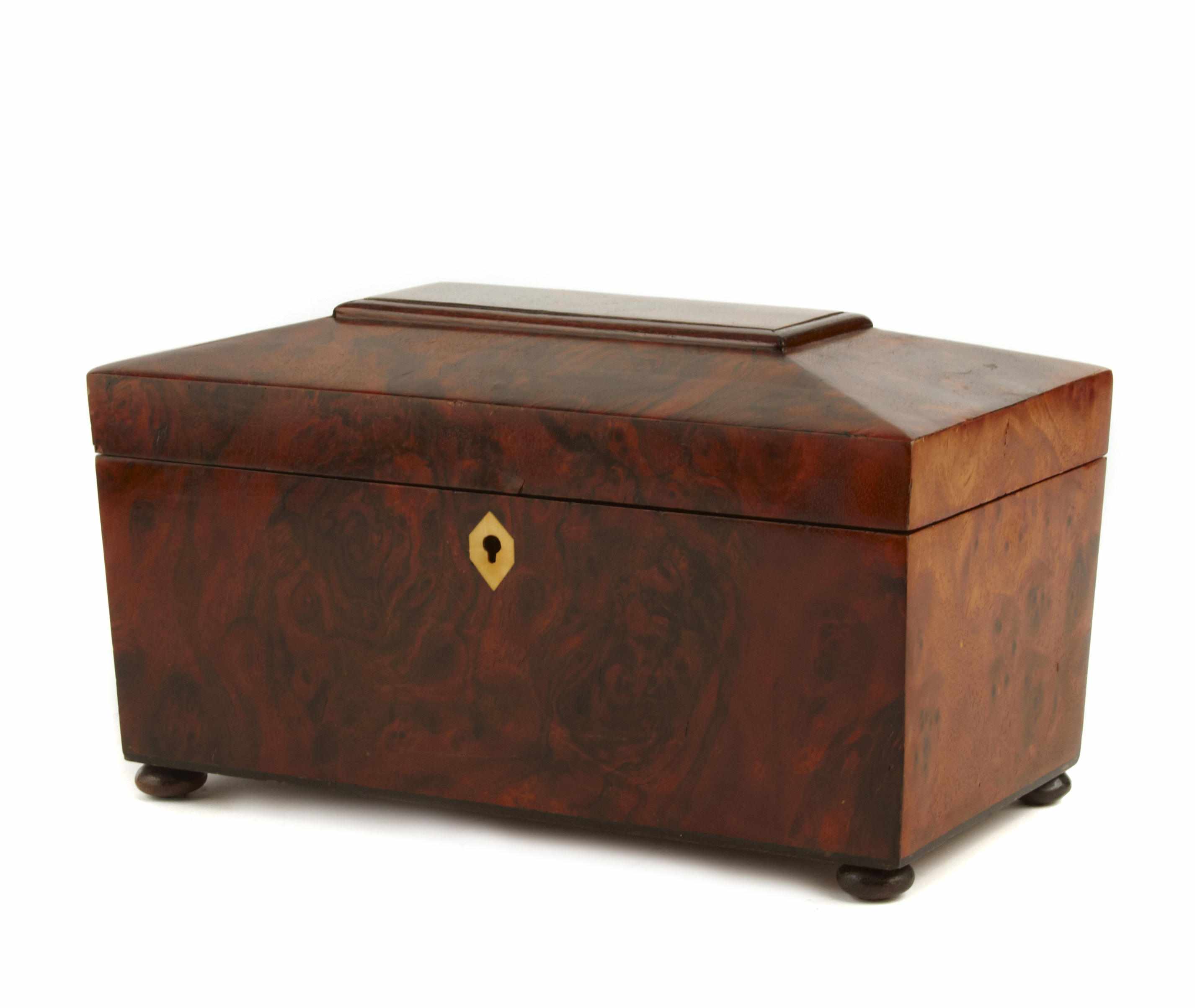 Appraisal: An Early Victorian burl walnut tea caddy of sarcophagus form