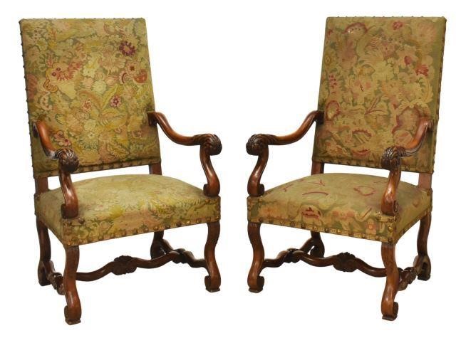 Appraisal: pair French Louis XIV style walnut armchairs th c in