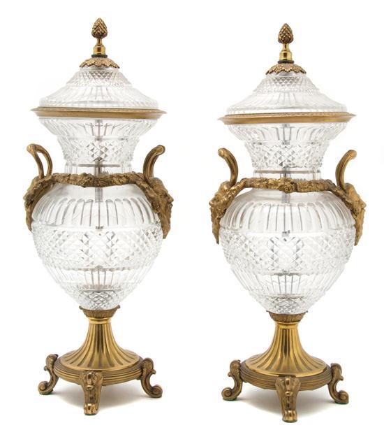 Appraisal: Pair of French Cut Glass and Ormolu Mounted Covered Urns