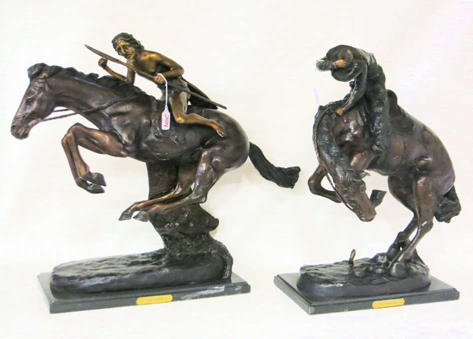 Appraisal: TWO PATINATED BRONZE SCULPTURES depicting two figures on horseback Each