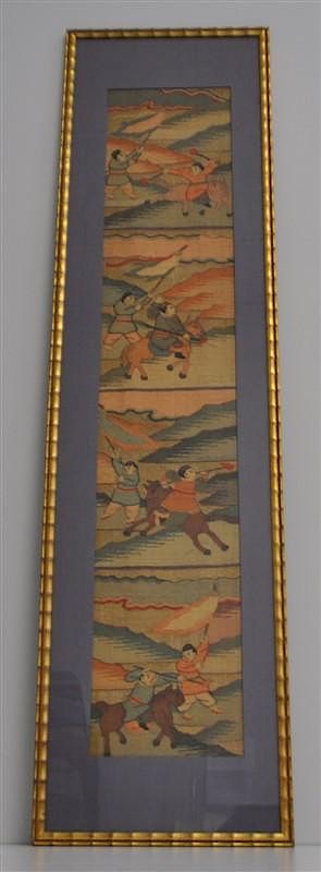 Appraisal: TH C CHINESE KESI TAPESTRY WARRIORS W GOLD THREAD Antique