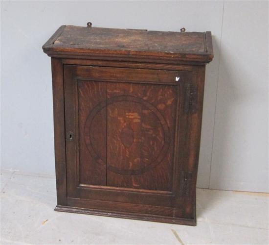 Appraisal: th century oak wall hanging cabinet with inlaid door h