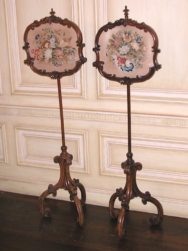 Appraisal: Title Pair English Victorian Rosewood Polescreens or Fire Screens needlework