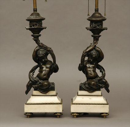 Appraisal: Pair of Marble and Bronze Cherub-Form Lamps