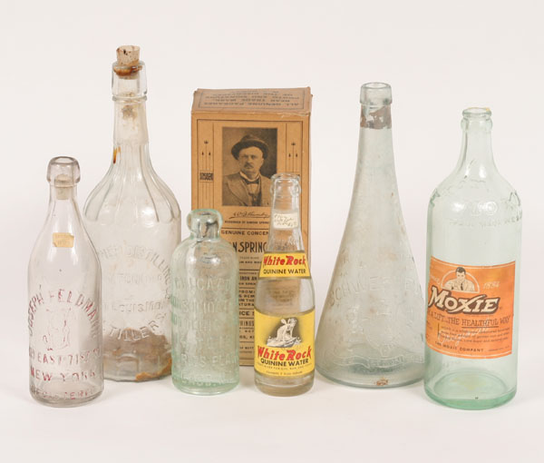 Appraisal: piece beverage bottles Moxie Conical Schweppes White Rock th Century