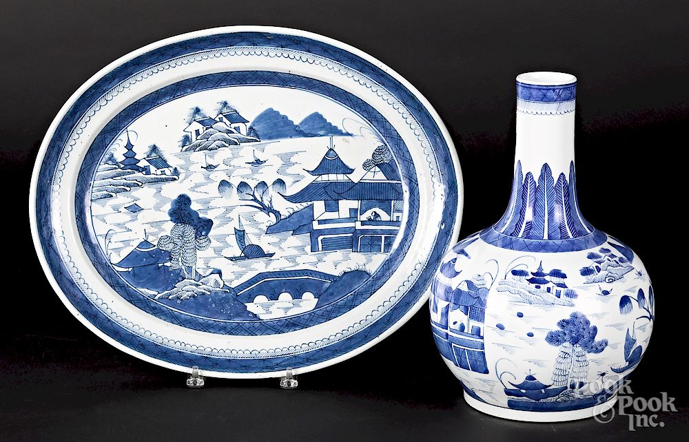 Appraisal: Chinese export porcelain Canton platter and water bottle Exclusive on