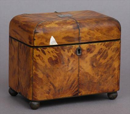 Appraisal: REGENCY PEWTER-INLAID TORTOISESHELL TEA CADDY The slightly domed hinged lid