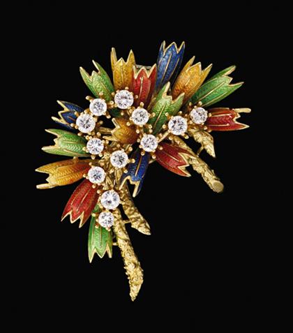 Appraisal: karat yellow gold diamond and enamel brooch Unusual multi-colored enameled