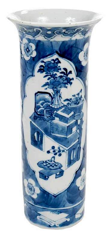 Appraisal: Chinese Porcelain Vase with Kangxi Mark cylindrical blue and white