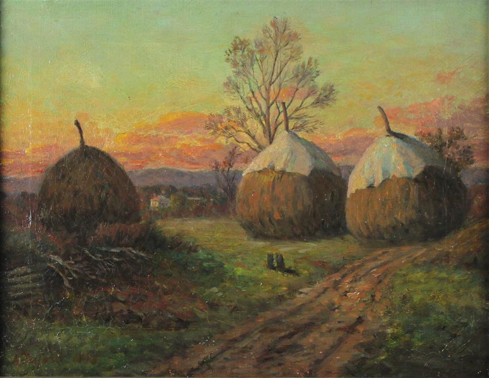 Appraisal: A GIFFORD TH CENTURY HAYSTACKS Oil on canvas x in