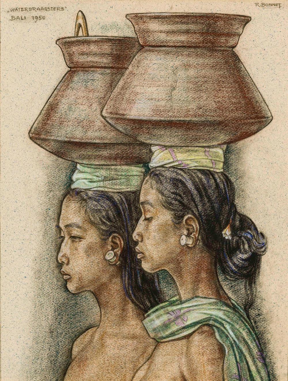 Appraisal: RUDOLF BONNET Dutch - Waterdraagsters Bali cont crayon on paper