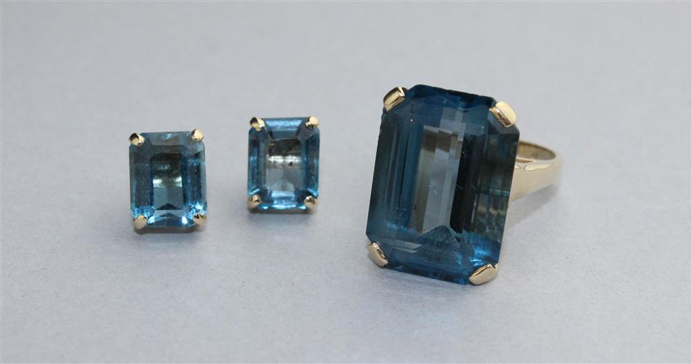 Appraisal: LONDON BLUE TOPAZ RING WITH A PAIR OF BLUE TOPAZ