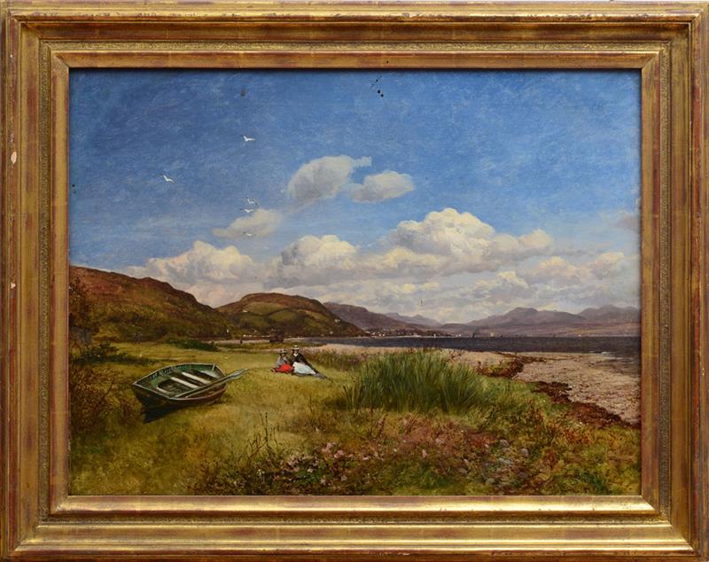 Appraisal: EUROPEAN SCHOOL TWO GIRLS RESTING BY THE SHORE Oil on