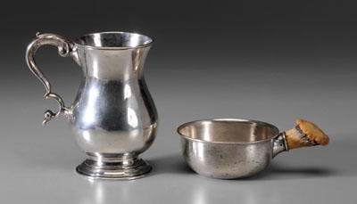 Appraisal: Two Pieces American Silver porringer with horn handle marks for